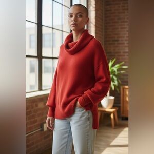 🔥 Anthropologie Burnt Orange Cowlneck Sweater – Oversized Cozy Knit, Size Small